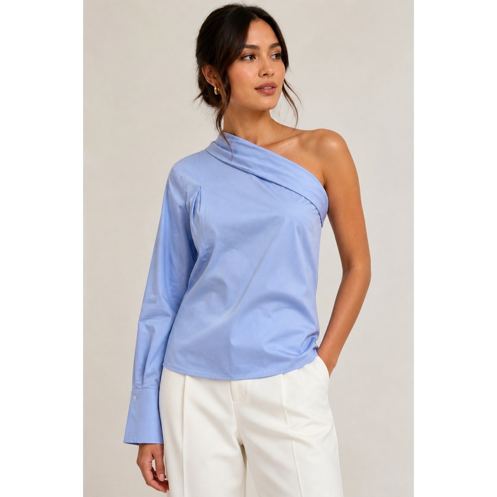 Banana Republic One Shoulder Blue Blouse NWT Draped Long Sleeve‎ Size 0